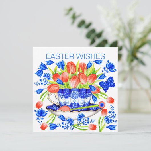 Tulpen en Theekopje Lente kaart (Staand voorkant)