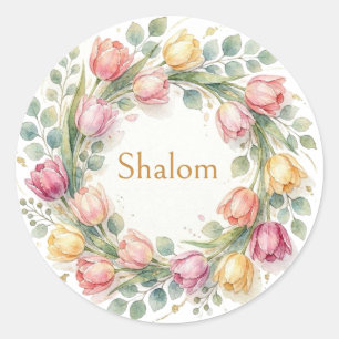 Tulpen Eucalyptus Krans, Shalom Waterverf Goud Ronde Sticker