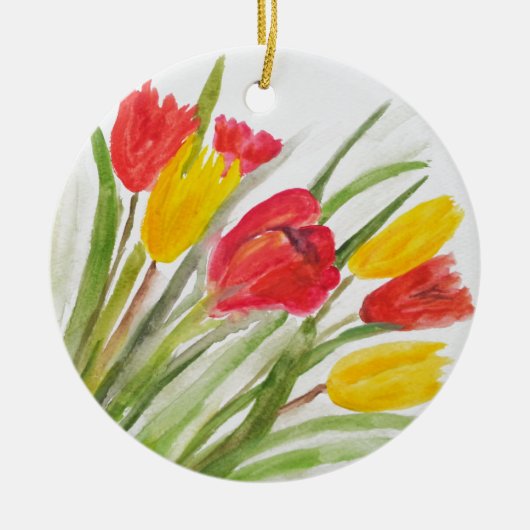 Tulpen floraal rode gele waterverf natuur  keramisch ornament (Voorkant)