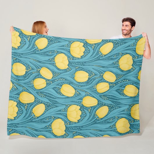 Tulpen in blauw en geel fleece deken (In situ)