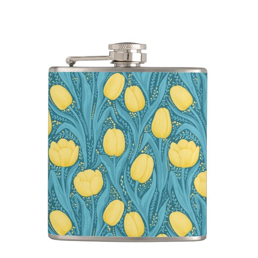 Tulpen in blauw en geel heupfles (Voorkant)