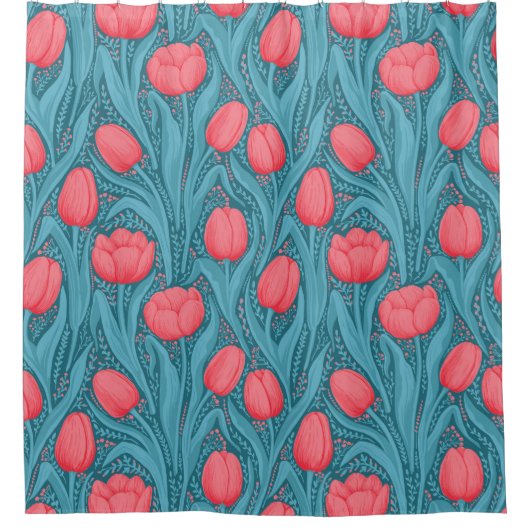 Tulpen in blauw en rood douchegordijn (Voorkant)
