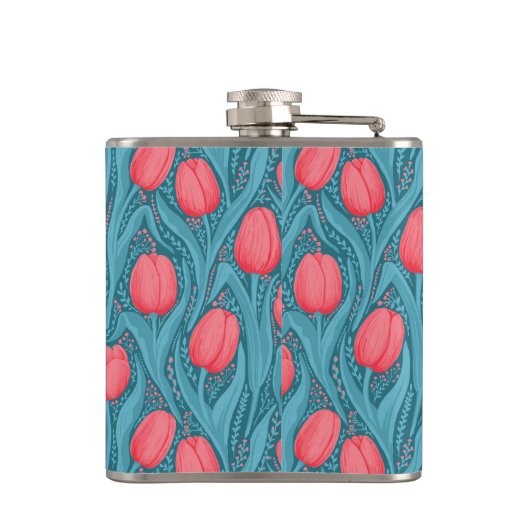 Tulpen in blauw en rood heupfles (Achterkant)