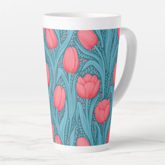 Tulpen in blauw en rood latte mok (Rechterhoek)