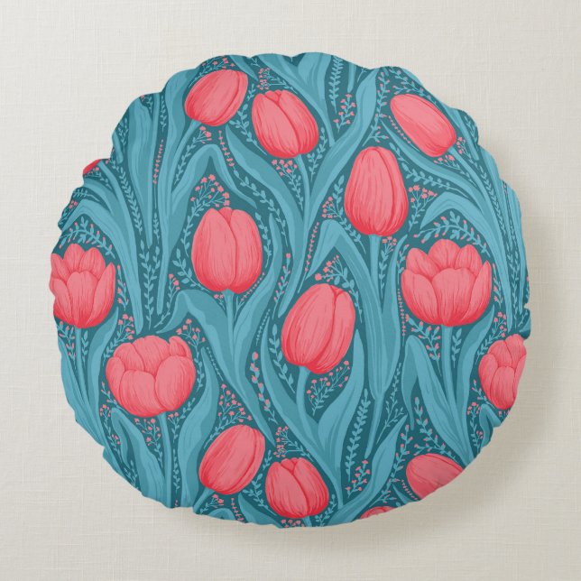 Tulpen in blauw en rood rond kussen (Voorkant)