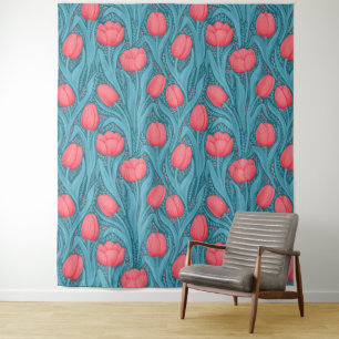 Tulpen in blauw en rood wandkleed