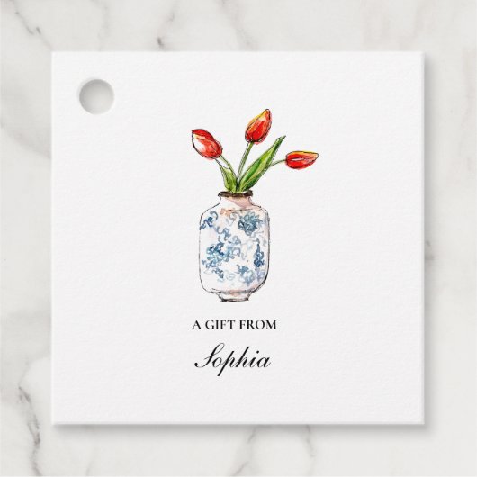 Tulpen in blauwe & witte vaas bedankjes labels (Voorkant)
