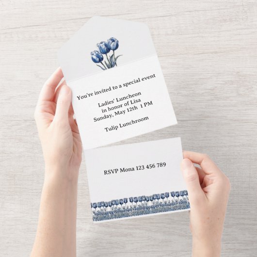 Tulpen in Delfts Blauw aanpasbaar All In One Uitnodiging (Afscheurbaar)