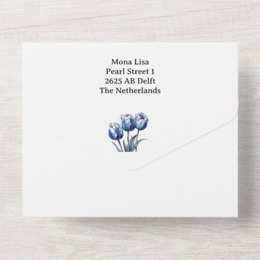 Tulpen in Delfts Blauw aanpasbaar All In One Uitnodiging (Achterkant)