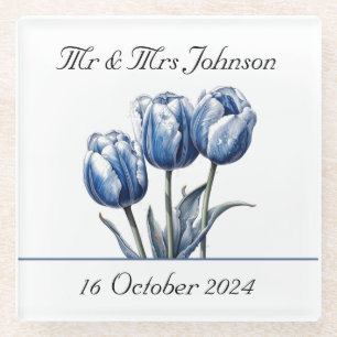 Tulpen in Delfts Blauw aanpasbaar Glazen Onderzetter
