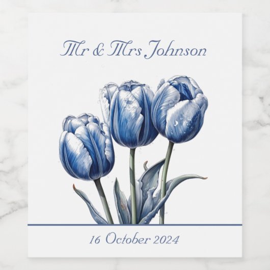 Tulpen in Delfts Blauw aanpasbaar Wijn Etiket (Enkel label)