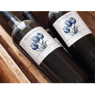 Tulpen in Delfts Blauw aanpasbaar Wijn Etiket