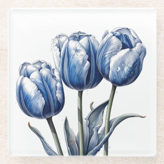 Tulpen in Delfts Blauw Glazen Onderzetter (Voorkant)