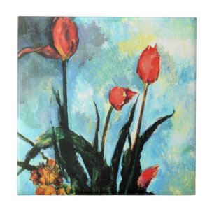 Tulpen in een Vase door Paul Cezanne,  kunst Tegeltje