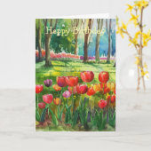 Tulpen in het park verjaardag kaart (Gele Bloem)