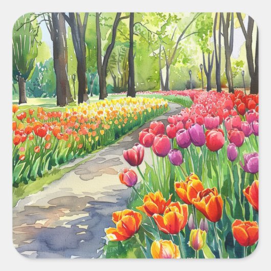 Tulpen in het park vierkante sticker (Voorkant)