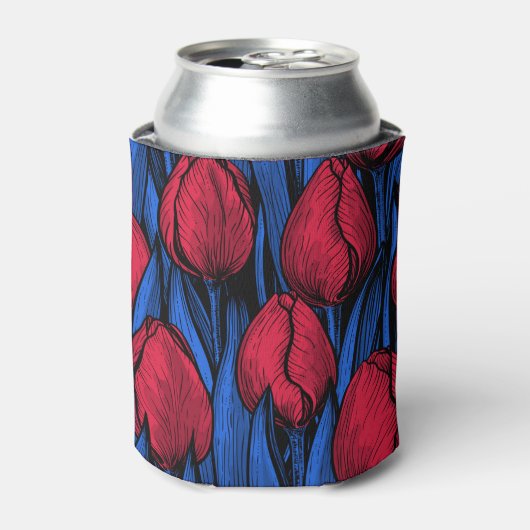 Tulpen in rood en blauw blikjeskoeler (Blikje Voorkant)