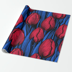 Tulpen in rood en blauw cadeaupapier