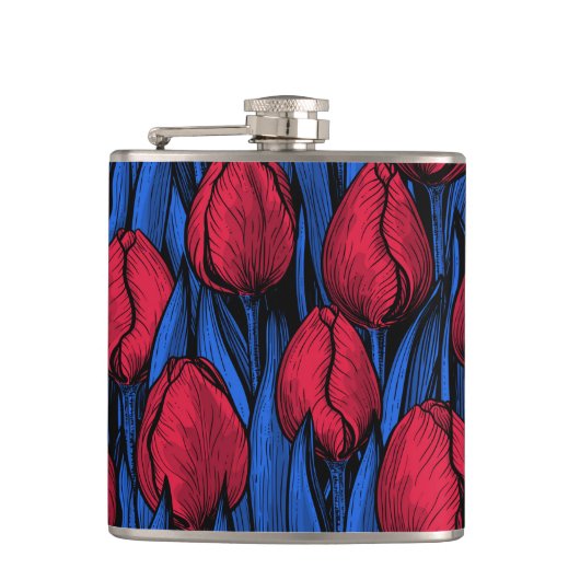 Tulpen in rood en blauw heupfles (Voorkant)
