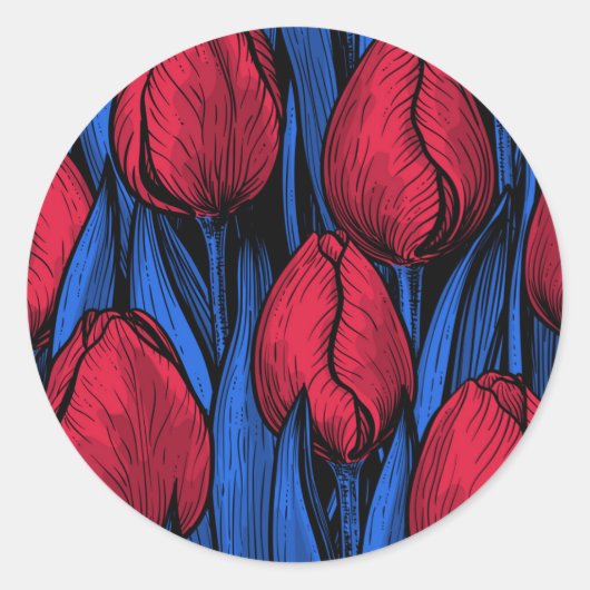 Tulpen in rood en blauw ronde sticker (Voorkant)