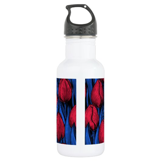 Tulpen in rood en blauw waterfles  (Achterkant)