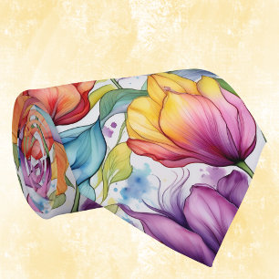 Tulpen in Roze Paars Goud Vintage Alcohol Inkt  Stropdas