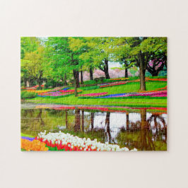 Tulpen in springtijnse tuin, kleurrijk legpuzzel