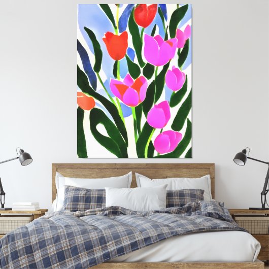 Tulpen in sterke kleuren roze platte kunst canvas afdruk (Insitu (Slaapkamer))