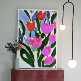 Tulpen in sterke kleuren roze platte kunst canvas afdruk