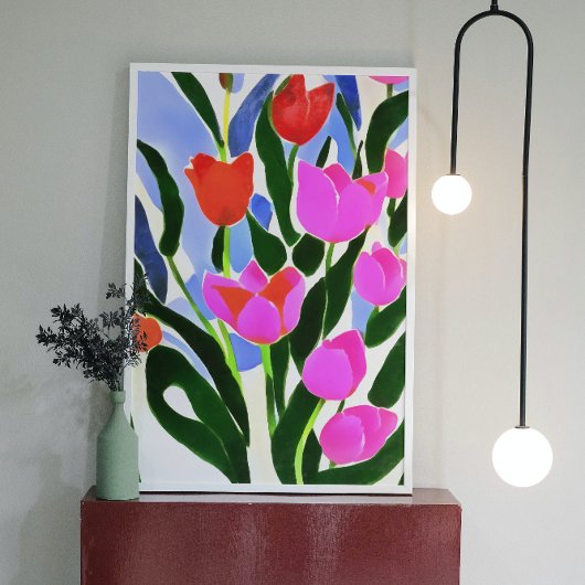 Tulpen in sterke kleuren roze platte kunst canvas afdruk