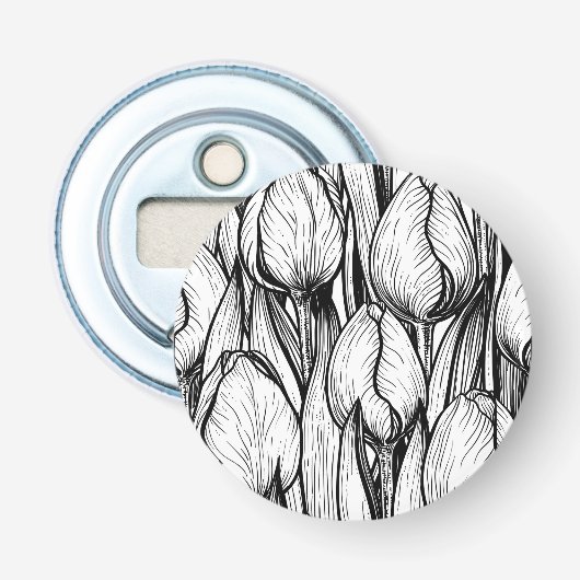 Tulpen in zwart-wit button flesopener (Voorkant)