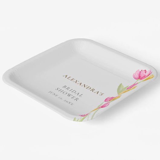 Tulpen Kalligrafie Roze Spring Boho Vrijgezellenfe Papieren Bordje (Gebogen)