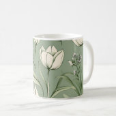 Tulpen met bladeren op lichtgroene salie koffiemok (Voorkant rechts)