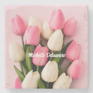 Tulpen met eigen naam op roze stenen onderzetter