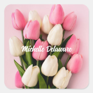 Tulpen met eigen naam op roze vierkante sticker