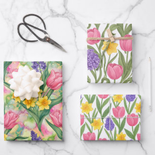 Tulpen Narcissen Hyacinten Drie Verschillende Stij Inpakpapier Vel