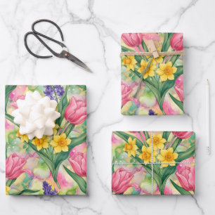 Tulpen, Narcissen, Hyacinten in Alcohol Inkt Stijl Inpakpapier Vel