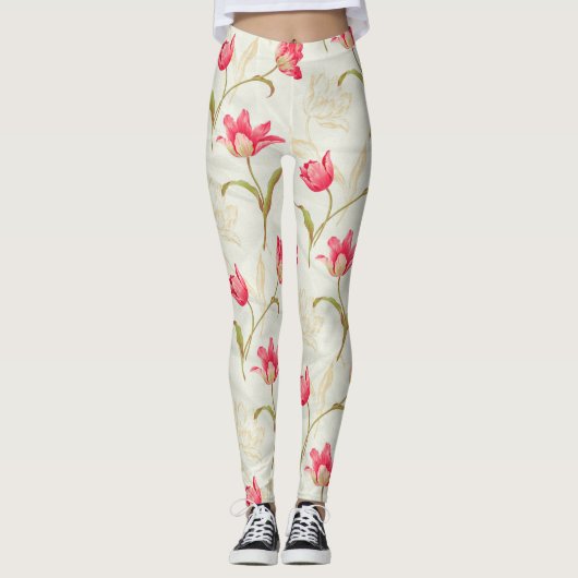 Tulpen ontvouwen crème roze leggings (Voorkant)