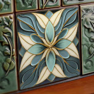 Tulpen op gedempte blauwe art nouveau wit tegeltje