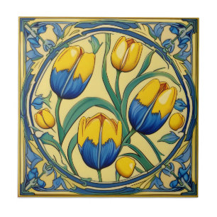 Tulpen op Symmetrische Art Nouveau Keramische Tege Tegeltje