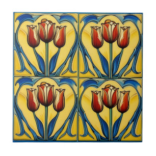 Tulpen op Symmetrische Art Nouveau Keramische Tege Tegeltje