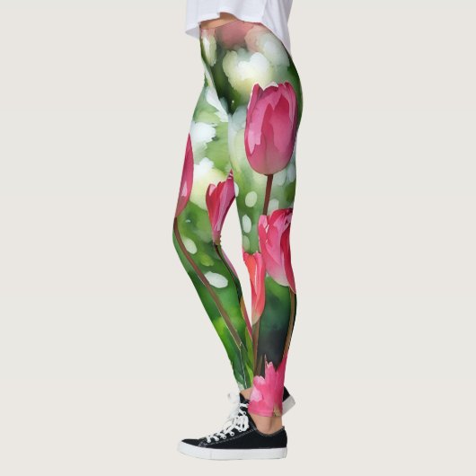 Tulpen Roze en Groene Waterverf Art Leggings (Links)
