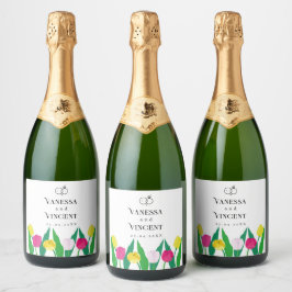 Tulpen Roze Geel Paars Groen Modern Mooie. Sparkling Wijnetiket