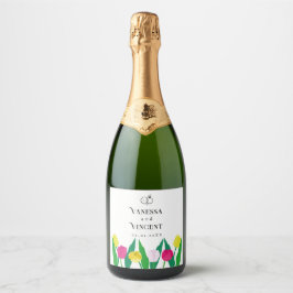 Tulpen Roze Geel Paars Groen Modern Mooie. Sparkling Wijnetiket