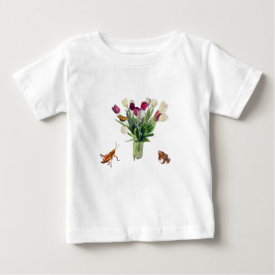 Tulpen, sprinkhaan, vlinder en kikker