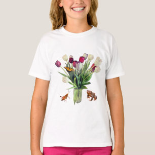 Tulpen, sprinkhaan, vlinder en kikker t-shirt
