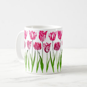 Tulpen tuinprint in fuchsia roze en groen koffiemok