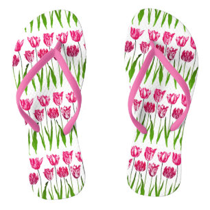 Tulpen tuinprint in fuchsia roze en groen teenslippers