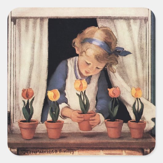 Tulpen verpotten door Jessie Willcox Smith Vierkante Sticker (Voorkant)