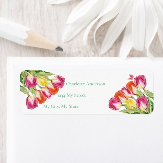 Tulpen & vlinder wit Vrijgezellenfeest Etiket (Insitu)